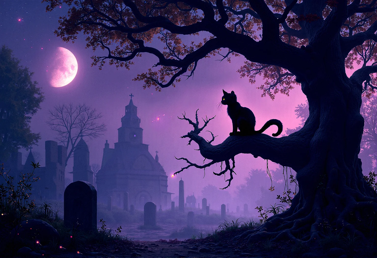 A Gothic-style night scene with a small black cat silhouetted on a twisted tree branch, illuminated by a crescent moon. The scene is awash in deep purple and black hues, with a starry sky adding to the eerie atmosphere. Glowing edges around the cat and tree, along with intricate shadows and Victorian Gothic elements, contribute to the detailed textures and high contrast of this mystical, somber composition.Small, soft glows from fireflies hovering around the tree, adding a magical touch.Soft, unsettling lights emanating from cracks in the earth or near old gravestones.Large, exposed roots twisting through the ground, adding texture and age to the scene.Vague, human-like silhouettes barely visible in the distance, adding a sense of presence.A faint, focused beam of light that highlights the cat, making it the focal point.Thick cobwebs stretched between branches or around old structures, catching the light.Leaves gently rustling and blowing across the ground, adding movement to the scene.Intricate, realistic bark textures on trees, showing every crack and rough surface.Small branches, twigs, and scattered leaves on the ground, adding to the natural disorder.Fog that varies in density, thicker in some areas and thinner in others, creating depth.Colors that appear slightly faded or weathered on plants and structures, adding to the aged, realistic look.