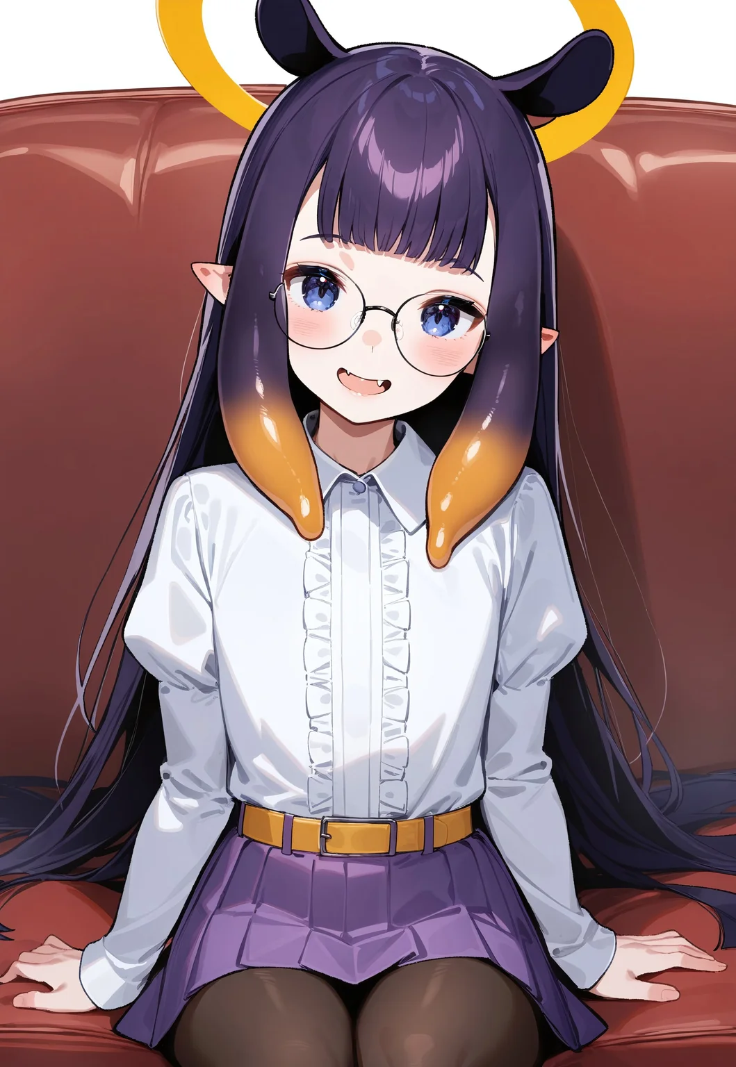 1girl, solo, ninomae ina'nis, blue eyes, pointy ears, tentacle hair, blunt bangs, long hair, flat chest, shiny lips, blush, excited, open mouth smile, fang,
yellow halo, round eyeglasses, white shirt, frilled shirt, juliet sleeves, shirt tucked in, yellow belt, purple pleated skirt, brown pantyhose,
white background, on couch, red couch, long couch, plain couch, looking at viewer, head tilt, sitting, straight-on, adjusting hair,
masterpiece, best quality, very aesthetic, absurdres, safe,