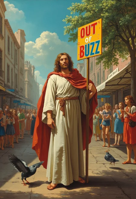 Renaissance painting of a bustling city square, under the bright midday sun, a striking figure stands out from the crowd. Jesus Christ, depicted with flowing chestnut hair and a serene expression, effortlessly captures the attention of passersby. He is dressed in a simple yet elegant robe of soft white fabric that billows gently with the light breeze. With his left hand raised high, he holds a vibrant, hand-painted sign made of sturdy wood, emblazoned with bold, colorful letters that proclaim "Out of BUZZ." The surrounding scene is alive with energy: people of all ages milling about, their conversations creating a lively hum, while the faint aroma of street food wafts through the air, enticing onlookers. Nearby, children laugh as they chase after a suddenly flapping pigeon, adding a playful element to the atmosphere. The sun casts warm rays that illuminate the details around – glimmering sunlight glances off the cobblestone pavement, and the trees lining the square rustle softly, their leaves shimmering like emeralds. Jesus's eyes shine with compassion and purpose, encouraging a moment of reflection amidst the everyday hustle. His presence radiates a calming aura, inviting those nearby to ponder the message on the sign. The emotional tone is one of inspiration and hope