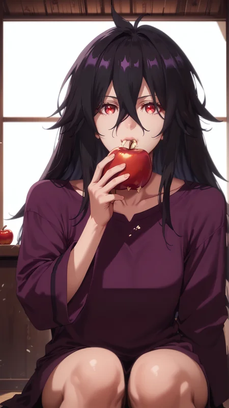 sjsartstyle, 2d, (zPDXL2), cowboy shot, dynamic shot, dynamic angle, webtoon, anime, centered, masterpiece, 1girl, 1woman, solo, sitting, purple shirt, eating red apple, FighterXX, long hair, black hair, red eyes, hair between eyes, messy hair, collarbone, wide sleeves, slipped down shirt, ((indoors, room, metal walls)), <lora:sd_xl_dpo_lora_v1:1>, <lora:OMG-Is-DucHaiten_v1.0:0.1>, <lora:sjsartstyle pony:1>, <lora:GoGoLoserRanger:0.8>