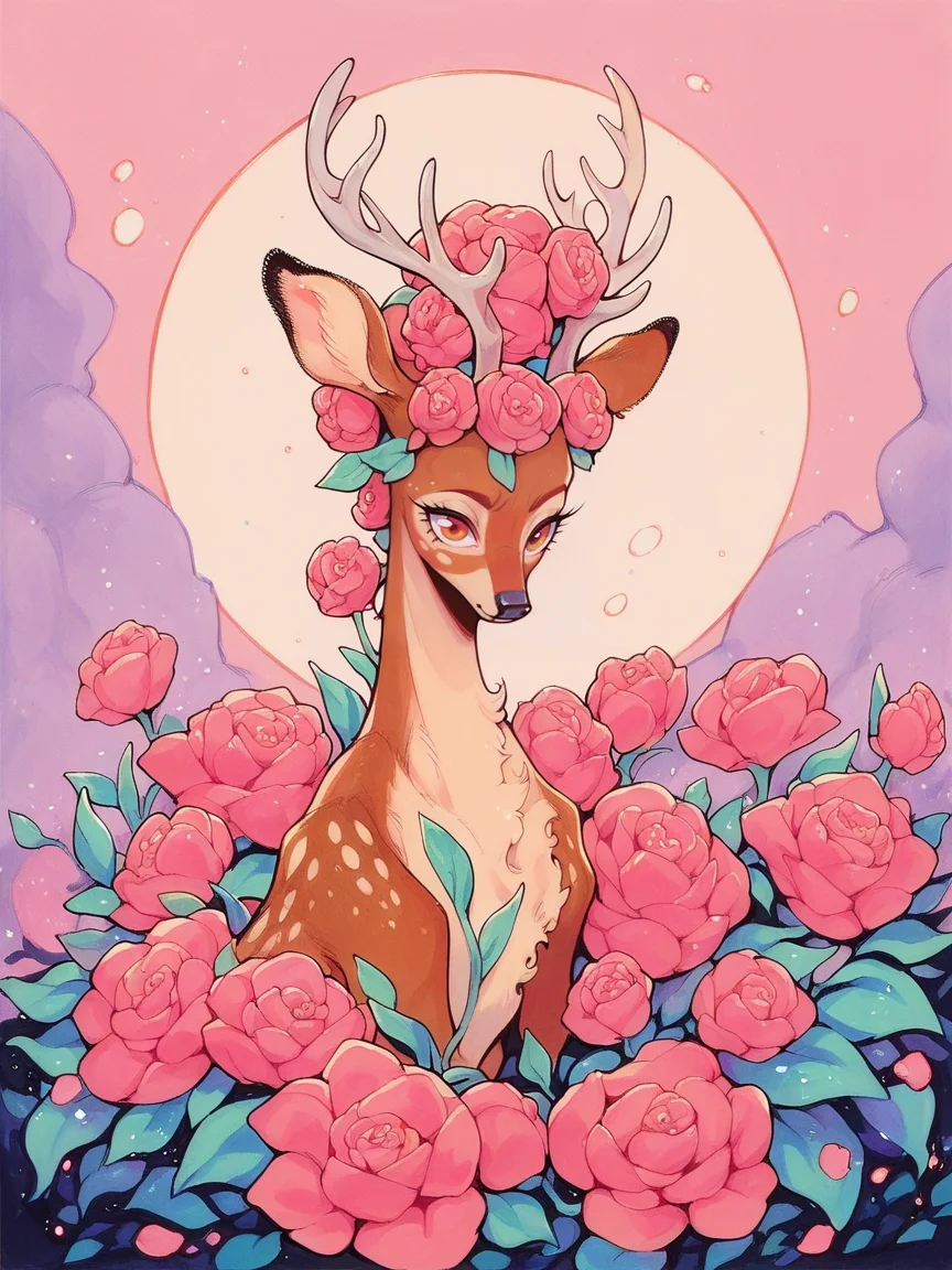 score_9, score_8_up, score_7_up, score_6_up, score_5_up, <lora:fl33b1t3sXLP:0.8> fl33b1t3s, traditional media, solo, deer girl, flower