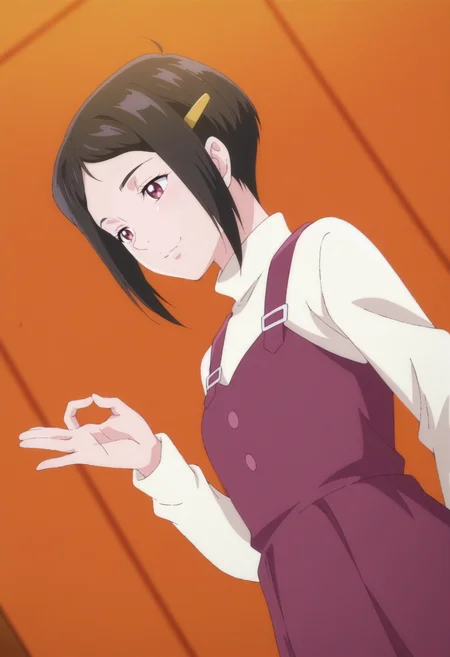 anime screencap, anime coloring, 1girl,  solo,   <lora:DX888AoiIL:1>kamimachi aoi, red eyes,  black hair, short hair, hairclip, pinafore dress, turtleneck sweater BREAK orange background, dithered background, BREAK dutch angle,  from below, from side, dynamic pose, posing, smile,       money gesture, cowering,