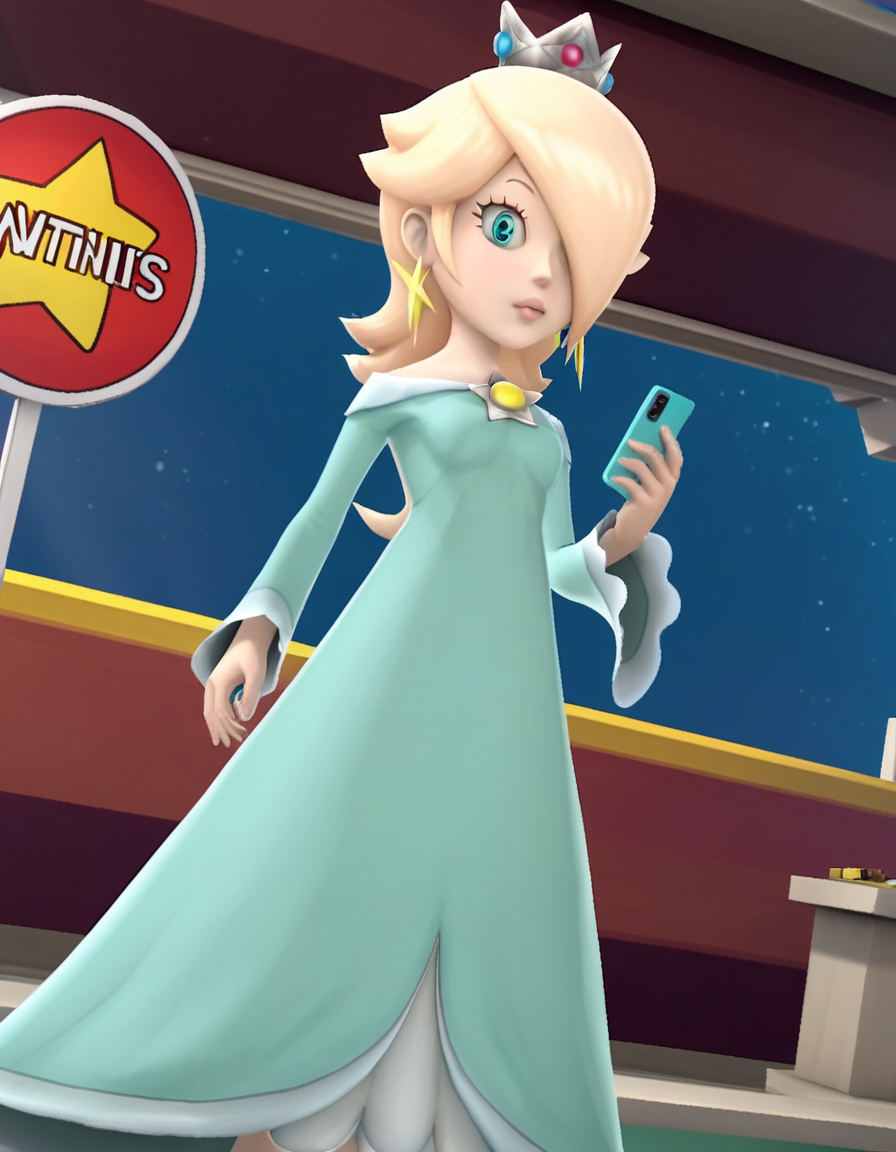 score_9, score_8_up, score_7_up, source_anime, <lora:rosalina-super-mario-galaxy-ingame-ponyxl-lora-nochekaiser:1>, rosalina, blonde hair, blue eyes, hair over one eye, long hair, 3d, blue dress, crown, dress, earrings, jewelry, princess, robe, star earrings,, bus stop, waiting, commuter, smartphone, checking time, cold morning, , looking at viewer, foot forward, hand behind head, elbow down, solo,, cowboy shot, dutch angle