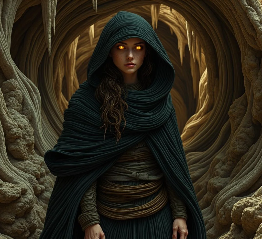<lora:nule-flux-lora-E4.safetensors:1> nule style
In the shadowy corners of an ancient cavern, the air thick with the scent of earth and time, a figure emerges, cloaked in the folds of a dark, tattered hood. The woman, her face gaunt and weary, appears as if etched from the very stone walls, her features hardened by the winds of countless eons. Her eyes, glowing like embers in the darkness, pierce through the gloom, casting an eerie light that dances upon the jagged stalactites above. Her hands, scarred and weathered, seem to bear the marks of ancient battles, each scar a story of trials and triumphs.
The cavern itself is a tapestry of ancient myths and legends, where the light and shadows interplay like the threads of a weaving loom. The glowing eyes of the woman could be the fires of the underworld, guiding souls on their journey to the beyond. The scars on her hands might be the wounds of a hero, marked by the touch of divine beings who tested her strength and will. The hood, shrouding her like a veil, could be the mantle of a wise seer, one who has seen the rise and fall of civilizations, and holds the secrets of the cosmos.
The digital art piece, in this ancient storyteller's eyes, becomes a portal to a world where the boundaries between the physical and the spiritual blur. The woman, a guardian of the threshold, stands as a symbol of the enduring human spirit, resilient and unyielding. The cavern, with its mystical light and shadows, is a canvas of timeless stories, each element a piece of a larger, ancient puzzle waiting to be deciphered.