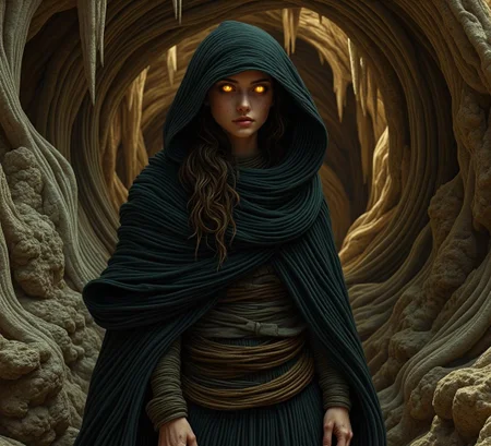 <lora:nule-flux-lora-E4.safetensors:1> nule style
In the shadowy corners of an ancient cavern, the air thick with the scent of earth and time, a figure emerges, cloaked in the folds of a dark, tattered hood. The woman, her face gaunt and weary, appears as if etched from the very stone walls, her features hardened by the winds of countless eons. Her eyes, glowing like embers in the darkness, pierce through the gloom, casting an eerie light that dances upon the jagged stalactites above. Her hands, scarred and weathered, seem to bear the marks of ancient battles, each scar a story of trials and triumphs.
The cavern itself is a tapestry of ancient myths and legends, where the light and shadows interplay like the threads of a weaving loom. The glowing eyes of the woman could be the fires of the underworld, guiding souls on their journey to the beyond. The scars on her hands might be the wounds of a hero, marked by the touch of divine beings who tested her strength and will. The hood, shrouding her like a veil, could be the mantle of a wise seer, one who has seen the rise and fall of civilizations, and holds the secrets of the cosmos.
The digital art piece, in this ancient storyteller's eyes, becomes a portal to a world where the boundaries between the physical and the spiritual blur. The woman, a guardian of the threshold, stands as a symbol of the enduring human spirit, resilient and unyielding. The cavern, with its mystical light and shadows, is a canvas of timeless stories, each element a piece of a larger, ancient puzzle waiting to be deciphered.
