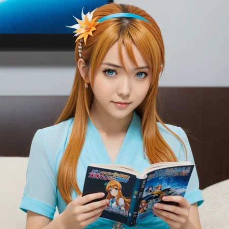raw photo,masterpiece, best quality, detailed, ultra realistic, cinematic, photorealistic, full body, 1girl, Japanese, Kirino Kousaka, long hair, orange hair, blue eyes, aqua eyes, cosmieyes, wearing (hair ornament, hairclip), reading through manga, masterpiece, <lora:UnstableWaifusion-ArtStyle-advocat:1>, <lora:kirino-kousaka-s2-ponyxl-lora-nochekaiser:1>, <lora:CosmicEyes:1> <lora:StS_PonyXL_Detail_Slider_v1.4_iteration_3:2>
