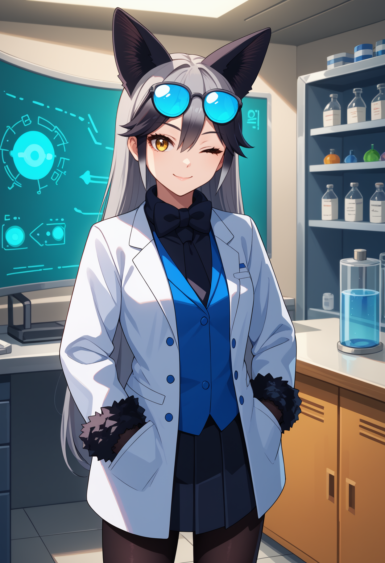 score_9, score_8_up, score_7_up, source_anime, <break> solo, 1girl, silv3rf0x, smile, closed mouth, looking at you, standing, hands in pockets, long hair, multicolored hair, grey hair, black hair, animal ears, extra ears, yellow eyes, one eye closed, glasses, eyewear on head, fur trim, white coat, lab coat, open coat, blue jacket, blazer, long sleeves, fur-trimmed sleeves, black shirt, black bowtie, black necktie, black skirt, pleated skirt, black pantyhose, indoors, laboratory
<segment:yolo-face_yolov8m.pt,0.4,0.5//cid=1>