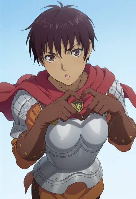 masterpiece, best quality, amazing quality, anime coloring, anime screencap, solo, 1girl, <lora:DX888Casca:1> casca, dark-skinned female, bronw hair, brown eyes, pixie cut, breastplate,shoulder armor, leather gloves, orange shirt, cape, holding sword, BREAK heart hands, blue background pastel background, from above,