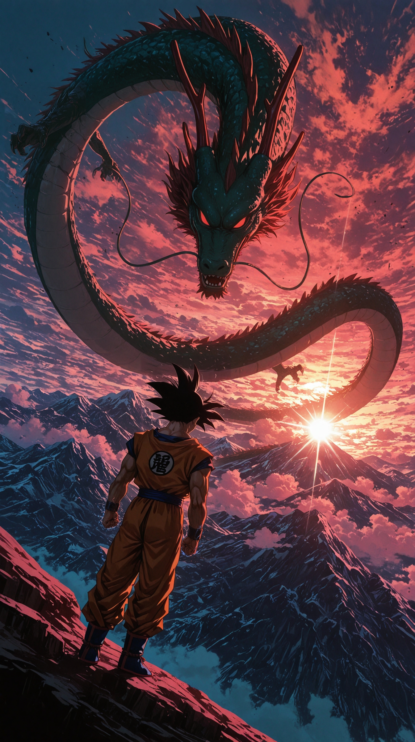1boy, son goku, muscular, spiked hair, black hair, from behind, martial arts uniform, orange gi, blue undershirt, sleeveless, blue belt, blue armbands, blue shoes, orange trim, 
back view, facing away, standing, heroic pose, dramatic pose, 
sunset, cloudscape, fantasy sky, orange clouds, pink clouds, glowing clouds, mountain peak, shenron \(dragon ball\), eastern dragon, mythical creature, summoning, green dragon, celestial dragon, giant creature, 
dramatic lighting, red and green color scheme, sun flare, backlighting, high contrast, glow effect, epic scene, cinematic,   
masterpiece,best quality,amazing quality,very aesthetic,absurdres,newest, anime coloring 