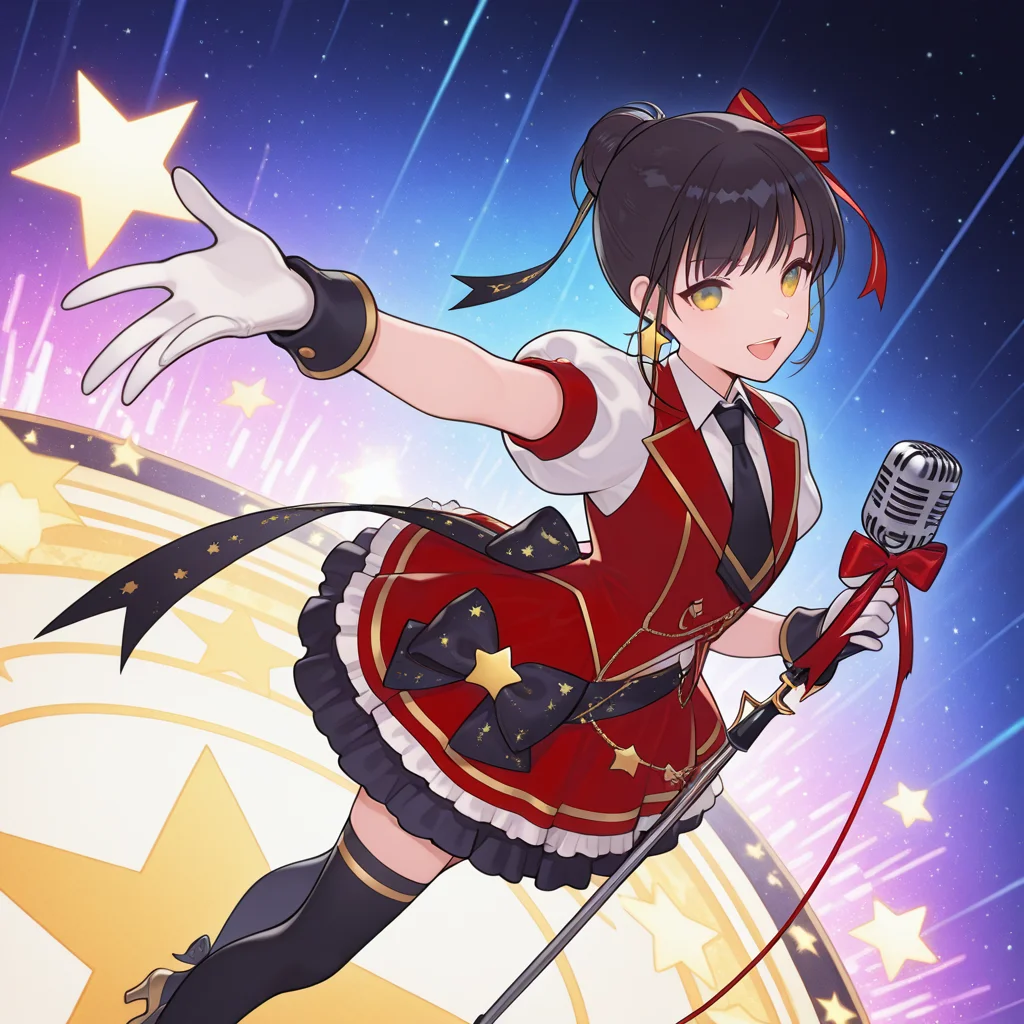 masterpiece, best quality, colorful, detailed background,  <lora:lah-hitomi-v1-09:1> lah-hitomi, 1girl, solo, idol, single hair bun, hair_ribbon, mismatched_earrings, star_earring, red_waistcoat, white shirt, puffy_short_sleeves, black necktie, white gloves, black back_ribbon, red_frilled_skirt, black thighhighs, microphone_stand, holding microphone
, dynamic_pose, dynamic_angle,