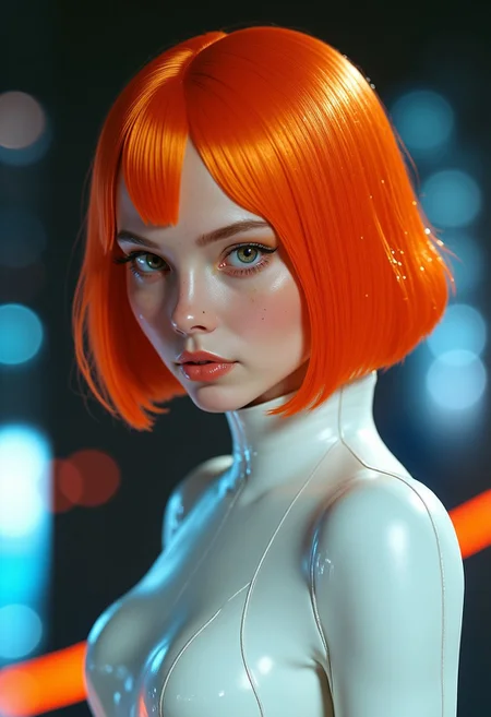 A striking portrait of a woman with fiery orange hair, short and sleek, inspired by Leeloo from "The Fifth Element". She is wearing a clean, minimalistic white outfit with subtle futuristic metallic accents. Her expression is calm yet powerful, with a soft, natural glow on her skin. The lighting is cinematic, creating gentle shadows that highlight her features. The background is blurred, suggesting a futuristic cityscape with hints of neon. Ultra-detailed textures, inspired by sci-fi elegance and simplicity.