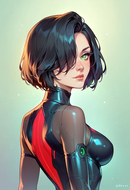 score_9, score_8_up, score_7_up,
source_cartoon, 2d,
<lora:DetailedEyes_last:1>, green eyes,
high quality, , solo, Tron style, Quorra (Tron: Legacy), black hair, straight hair, hair over one eye, bodysuit, neon trim, arm gloves, latex bodysuit, TRON suit, medium breasts, Round Breasts, (close up:1.4), looking back over shoulder, perky bottom, back, shoulderblades,