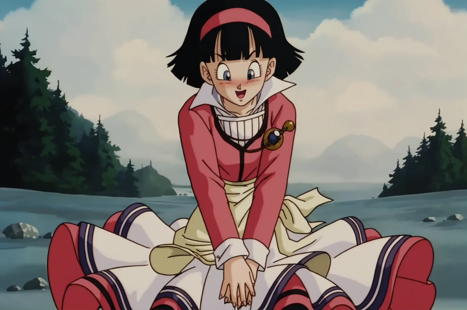 source_anime, score_9, score_8_up, score_7_up, anime screencap, absurdres,
videl, dargon ball super, 1990s \(style\), anime coloring, retro artstyle, movie costume, 1girl, solo, short hair, bob cut, black hair, looking down, embarrassed, blue eyes, eyelashes, headwear removed, necklace, amulet, collar up, pink dress, multi tone clothing, long sleeves, white undershirt, white skirt, yellow sash, fingernails, raised eyebrows, cowboy shot, covering crotch, floating clothes, blush, tree, mountainous horizon, rock, fog, cloudy sky, outdoors, day
<lora:Videl_v1:0.8>