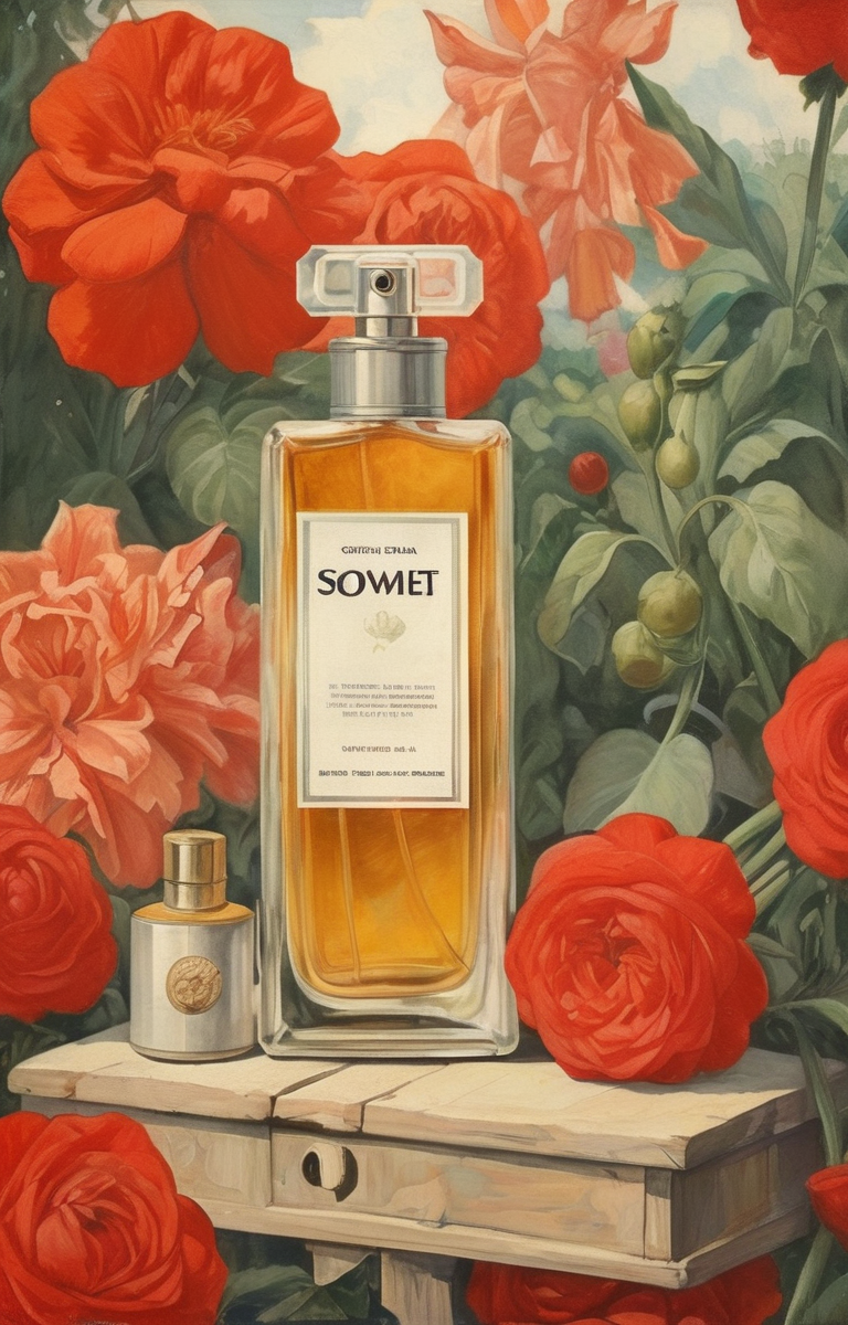 masterpiece,best quality,<lora:tbh262-sdxl:0.9>,illustration, style of soviet A bottle of perfume in garden