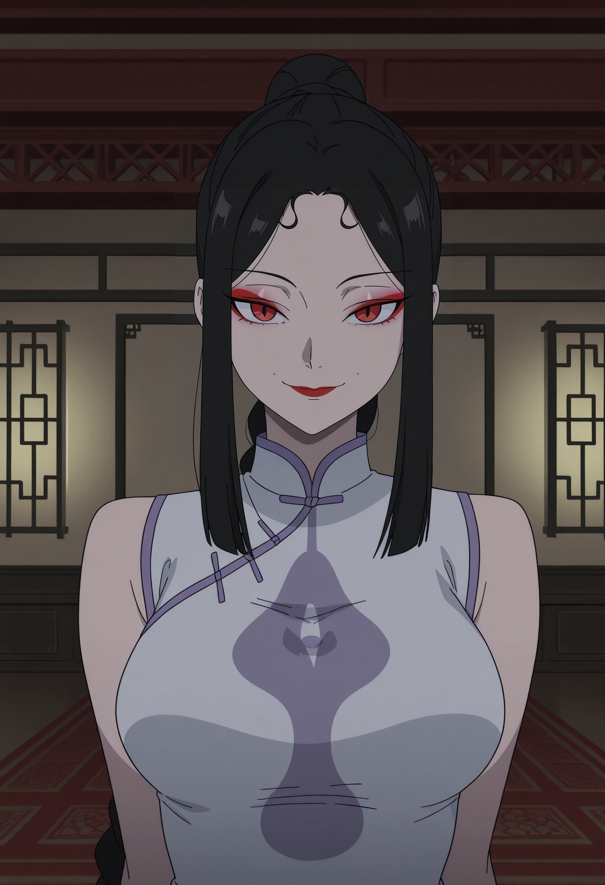 1girl,solo,mm,mature female,long hair,ponytail,very long hair,black hair,red eyes,makeup,braid,breasts,anime coloring,
chinese clothes,china dress,white dress,upper body, looking at viewer, smile,indoors
,masterpiece,best quality,amazing quality,<lora:Sheyao-Capsules_Hero:0.8>