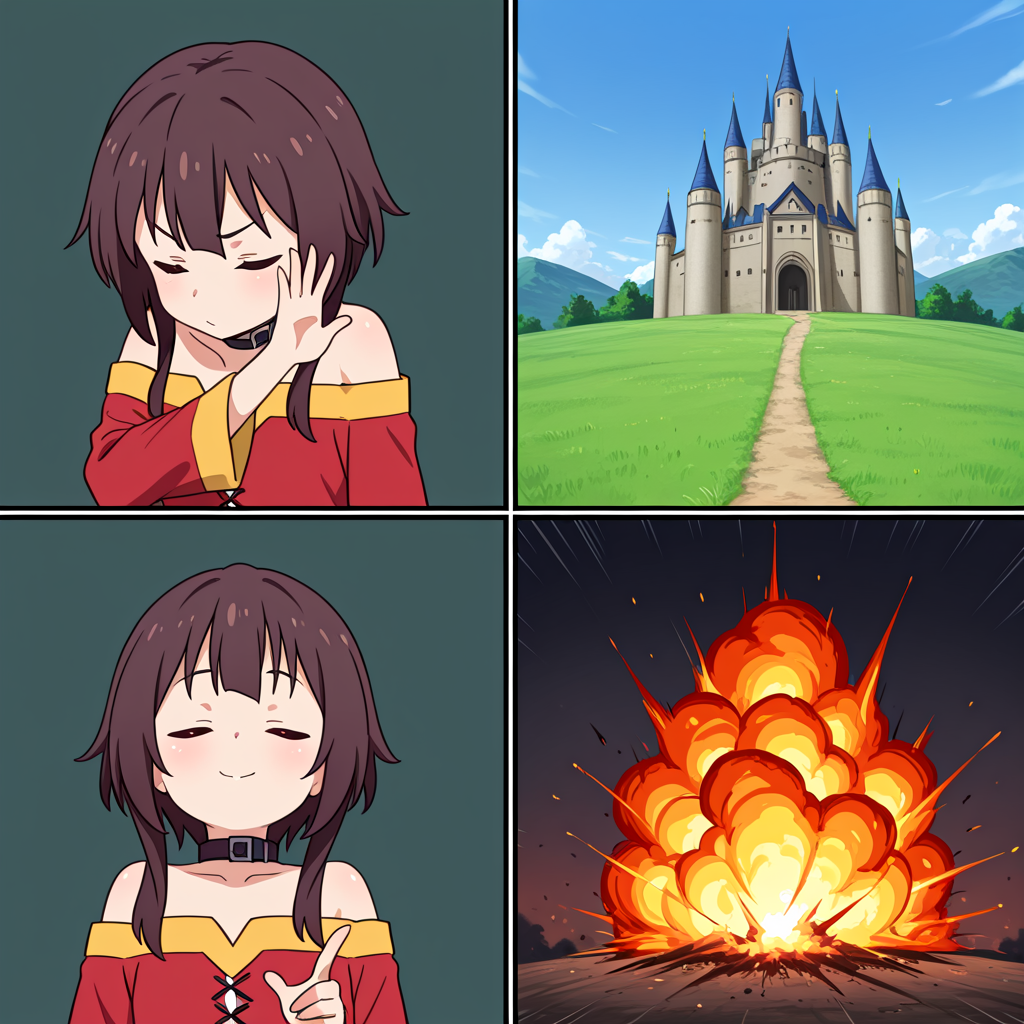 masterpiece, best quality, amazing quality, drakeposting_meme, 4koma, simple background,
BREAK
1girl, megumin, closed eyes, no gesture,
BREAK
no humans, field, grass, castle, 
BREAK
1girl, megumin, closed eyes, pointing, yes gesture,
BREAK
no humans, fire, explosion, 
 <lora:drakeposting_meme-000007:1>,