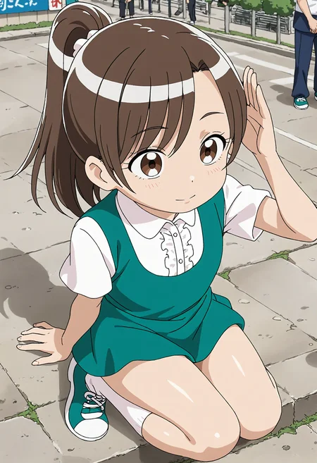 <lora:Hyper-SDXL-8steps-lora:1> <lora:Fixhands_anime_bdsqlsz_V1:1> zPDXL2, score_9, score_8_up, score_7_up, source_anime, intricate details, perfect anatomy BREAK
outdoors, city, tokyo, japan, audience, crowd, sitting, from above, salute,  thighs, Passionate, A heated look, a flushed face, and a quickened breath., 1girl, solo, solo focus, 
<lora:MAR-minatomo_madoka_XL(pony)v10:1> MAR-madoka, brown hair, ponytail, brown eyes, MAR-madoka outfit, green dress, white socks, green shoes,