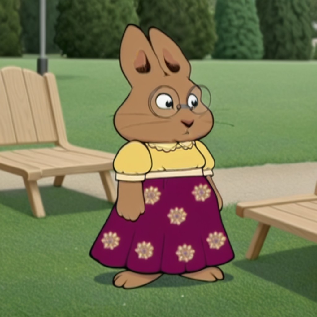 masterpiece, best quality, amazing quality, Valeriem&ril, semi-anthro, female, rabbit_girl, brown fur, round glasses, black eyes, whiskers, standing, yellow shirt, short puffy sleeves, purple long skirt, floral pattern, in a park, solo, <lora:791690e8-4304-4957-ba8b-69e07929948f:1.0>