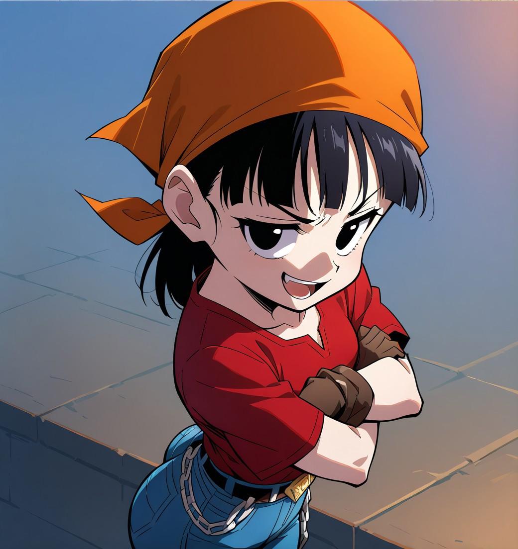 (<The-killer-wc_artist>) short black hair, black eyes, smug smile, open mouth, orange bandana, teeth, red shirt, gloves,tight jean pants, belt, chain, hands on hips, small_breasts, smal ass, side view, arms crossed,