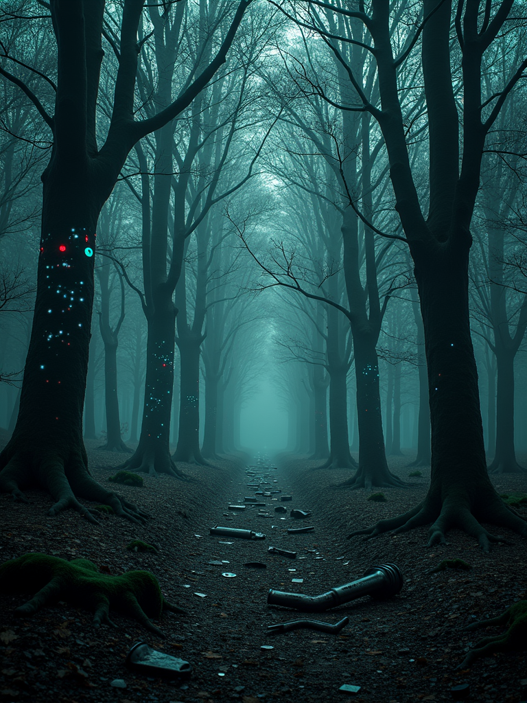 A dark forest with trees wrapped in flashing code, broken lenses and twisted metal on the ground, as if the world has been distorted by some unknown force.