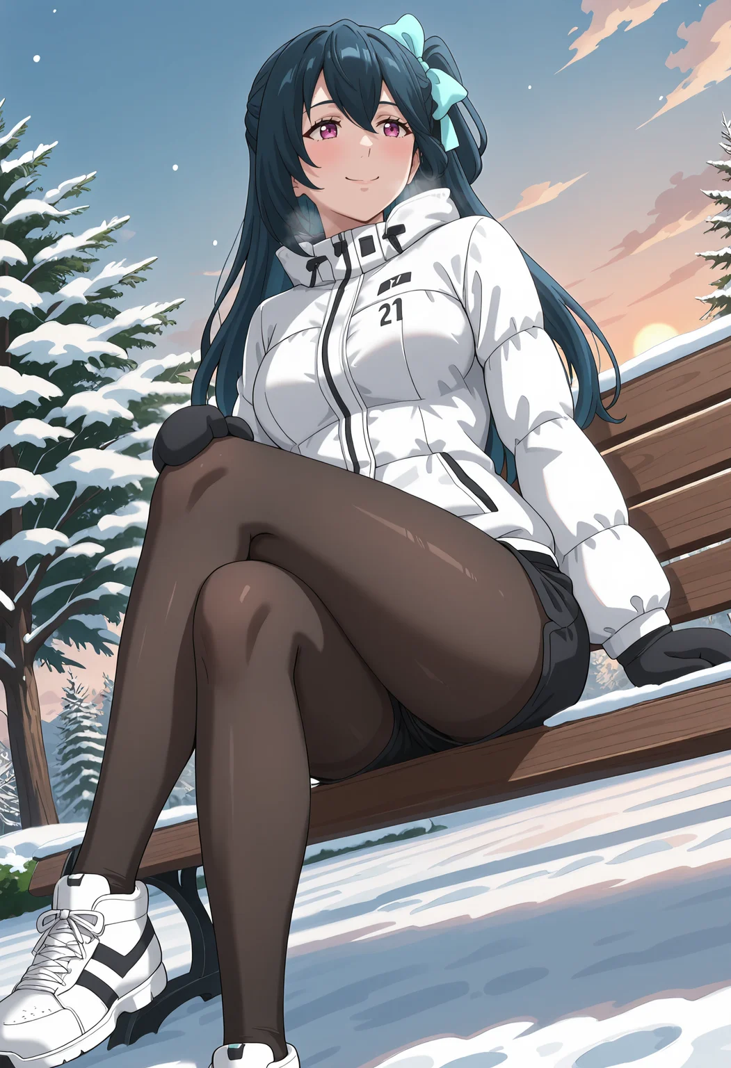 best quality, amazing quality, perfect quality, high quality, masterpiece, absolutely eye-catching BREAK
<lora:Phantasy_Star_Online_2_-_Kohri_Washinomiya:1> PSO2Kohri, purple eyes, black hair, long hair, double-parted bangs, one side up, blue hair ribbon, medium breasts BREAK
white down jacket, black shorts, black mittens, black pantyhose, white sneakers BREAK
outdoors, park, snow, tree, sunset BREAK
1girl, solo, sitting, on bench, hand on own knee, smile, crossed legs, leaning back, dutch angle, looking afar, from below