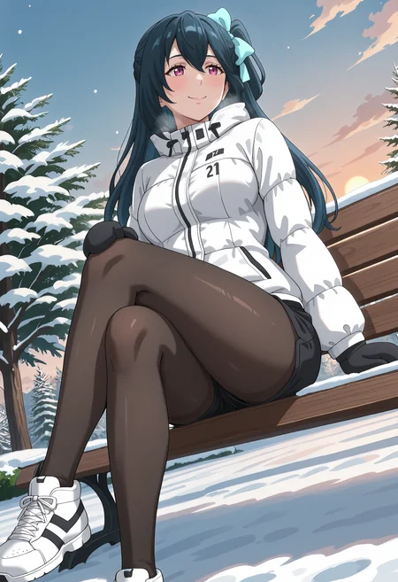 best quality, amazing quality, perfect quality, high quality, masterpiece, absolutely eye-catching BREAK
<lora:Phantasy_Star_Online_2_-_Kohri_Washinomiya:1> PSO2Kohri, purple eyes, black hair, long hair, double-parted bangs, one side up, blue hair ribbon, medium breasts BREAK
white down jacket, black shorts, black mittens, black pantyhose, white sneakers BREAK
outdoors, park, snow, tree, sunset BREAK
1girl, solo, sitting, on bench, hand on own knee, smile, crossed legs, leaning back, dutch angle, looking afar, from below