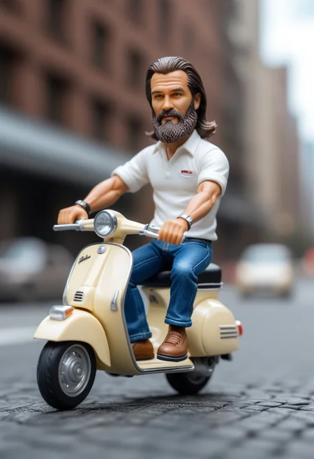 ((miniature)) of (man 50 year old, long hair:0.75, slin, beard , blue jeans, wihte shirt , ((big head:8}) ) (on a cream color vespa), speeding, miniature, depth of field, macro hotography, high detailed face, 4k, epic perspective, (big cleveage1.5), New york background