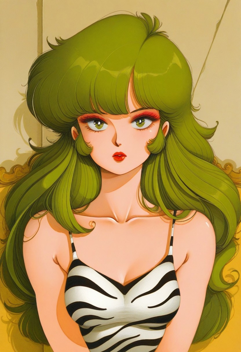 masterpiece, best quality, very aesthetic, absurdres, 
1girl, upper body, solo, pizzazz \(jem and the holograms\), retro artstyle, 1980s \(style\), green eyes, green hair, long hair, makeup, red lips, eyeshadow, collarbone, BREAK, 
sleeveless, short dress, zebra print, 
detailed background, 
fr-pi-il