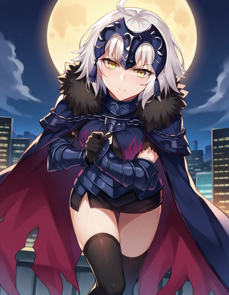 score_9, score_8_up, score_7_up, source_anime,
jalter, <lora:jeanne-darc-alter-ponyxl-lora-nochekaiser:1>,
jalter, white hair, yellow eyes, ahoge,
short hair, headpiece, armor, armored dress, black thighhighs, cape, dress, fur trim, fur-trimmed cape, scowl, sheath, short dress, thighhighs, torn clothes,
outdoors, cityscape, night, moon, bent over,
looking at viewer, dutch angle, cowboy shot,