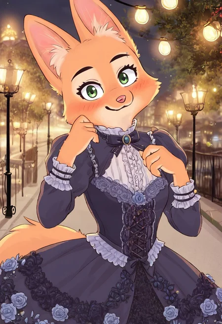 Diane Foxington, high quality, masterpiece, ginger fur, emerald eyes, victorian dress, blush, looks at viewer, smiles, sleepy face, alone, outside, village, lights
