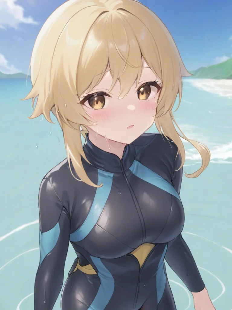 <lora:xl_ying girl-000005:1>,ying girl,blonde hair,wet suit,