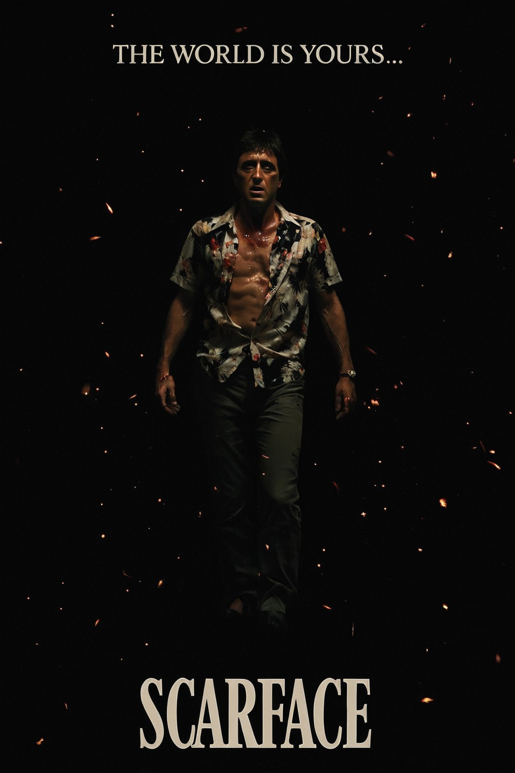 cinematic poster, Tony Montana floating in pitch-black negative space, floral shirt unbuttoned and slowly unraveling, expression unreadable, tiny flecks of burning debris suspended midair like stars, extreme wide shot, minimal composition with centered vertical symmetry, mood of existential dissolution and cosmic punishment, subtle red rim light on his face and chest, color theme of void black, embers, and ghost-white, style reference Under the Skin’s slow-burn surreal horror, SCARFACE, “THE WORLD IS YOURS…”
