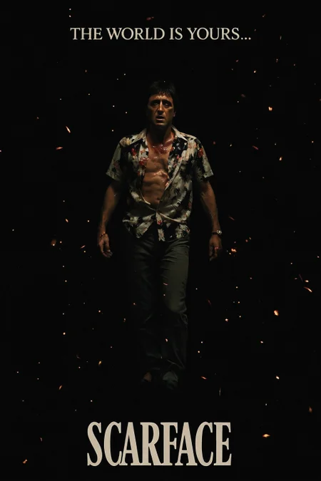 cinematic poster, Tony Montana floating in pitch-black negative space, floral shirt unbuttoned and slowly unraveling, expression unreadable, tiny flecks of burning debris suspended midair like stars, extreme wide shot, minimal composition with centered vertical symmetry, mood of existential dissolution and cosmic punishment, subtle red rim light on his face and chest, color theme of void black, embers, and ghost-white, style reference Under the Skin’s slow-burn surreal horror, SCARFACE, “THE WORLD IS YOURS…”

