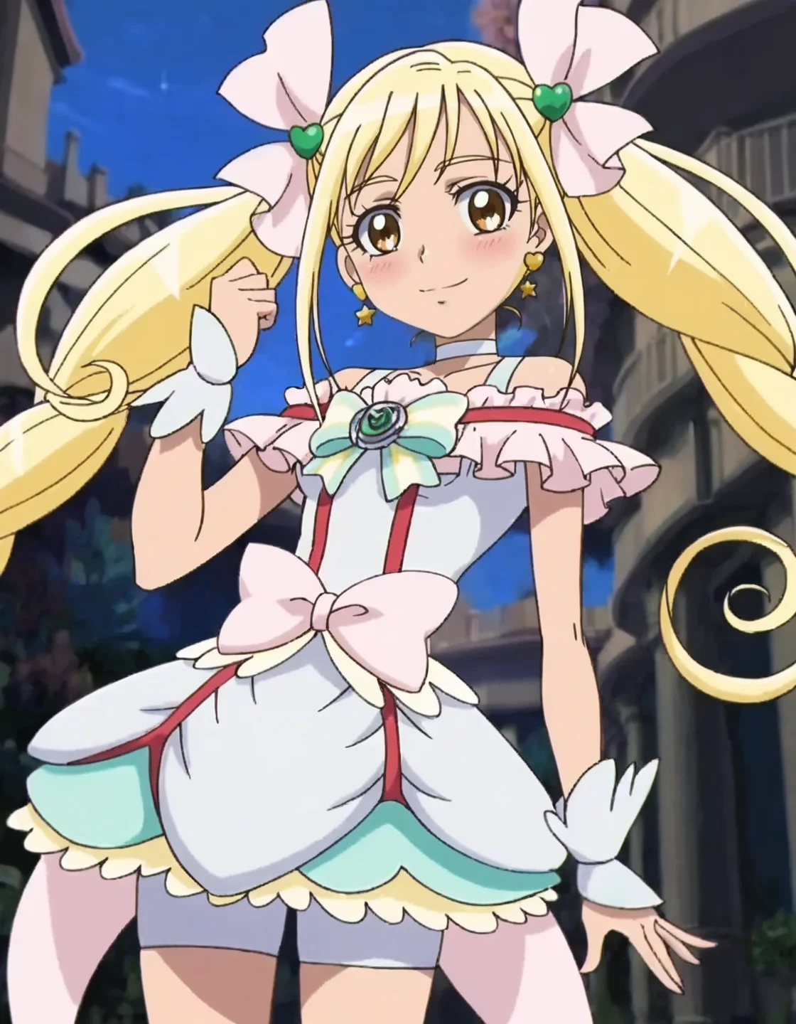 score_9, score_8_up, score_7_up,anime screencap,1girl,solo,cureecho, white choker, waist bow, choker, pink bow, smile, magical girl, hair ornament, ribbon, jewelry, skirt,wrist cuffs, hair ribbon, looking at viewer, dress, bike shorts under skirt, frills, brooch, heart,medium breasts,blush,<lora:cureecho:0.8>