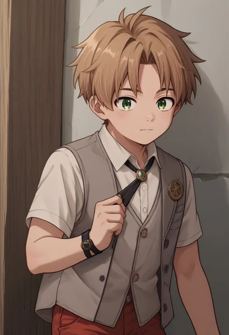 score_9, score_8_up, score_7_up, source_anime, highly detailed, cute boy, 1boy, solo, young, rudeus greyrat, light brown hair, green eyes, (short sleeve white button up shirt), (grey sleeveless vest), (black sleeveless jacket), bolo tie, red shorts