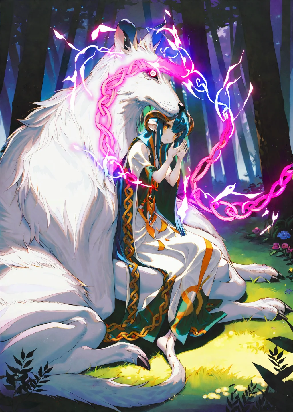 , by wanke, by hata, by ninomae by yogisya,
1girl 
extremely beautiful detailed piercing eyes,
1 female druid healing animals in forest. glowing particles, celtic knot, mythical
masterpiece, best quality, high quality, highres, absurdres, very detailed, high resolution, sharp, sharp image, 8k, vivid, colorful, stunning, anime,   aesthetic