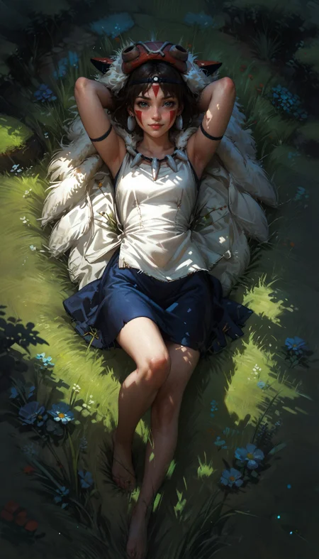score_9, score_8_up, score_7_up, score_6_up, score_5_up, score_4_up,   san, 1girl, full body, relaxed, resting, lying in tall grass, hands behind head, (view from above:1.2), solo, short hair, brown hair, grey eyes, headband, face paint, earrings, white sleeveless top, navy under dress, arm cuffs, fur headdress, fur cape, light-skinned female, feet, female focus, looking at viewer, smiling, grass, (blush:1.1), sunny, daytime