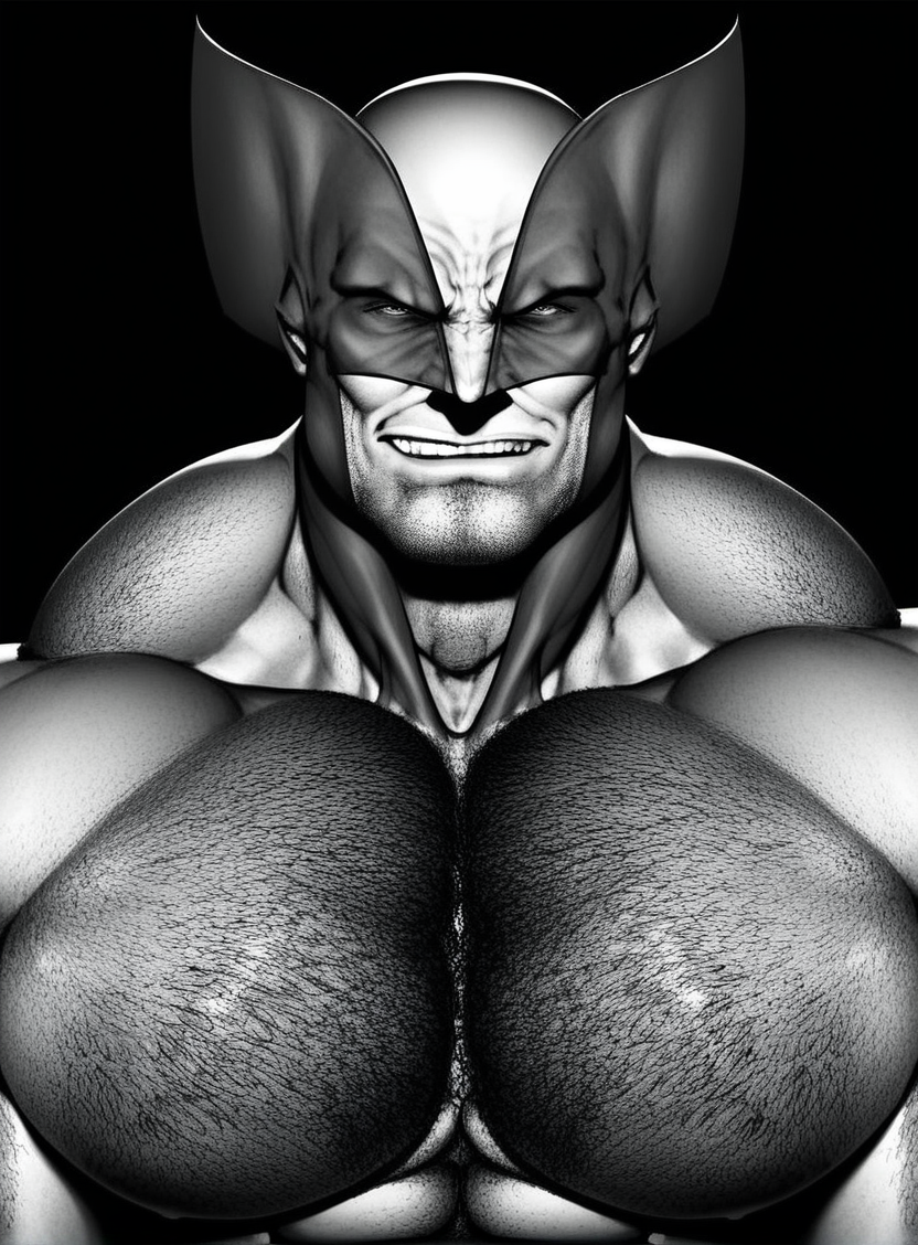 solo, 1boy, muscular male, masculine male
, wolverine, cocky smirk, big pecs, looking at viewer, pectoral focus, hairy, monochrome, dark background
, hands out of frame, view from above, detailed face, detailed eyes
, <lora:Ripped-Saurian_Style_PonySDXL-000018:1>, score_9, score_8_up,