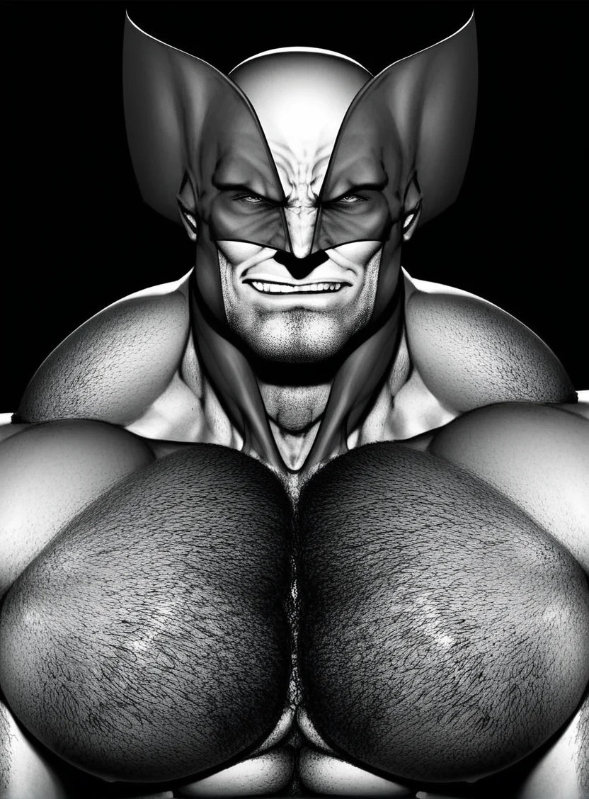 solo, 1boy, muscular male, masculine male
, wolverine, cocky smirk, big pecs, looking at viewer, pectoral focus, hairy, monochrome, dark background
, hands out of frame, view from above, detailed face, detailed eyes
, <lora:Ripped-Saurian_Style_PonySDXL-000018:1>, score_9, score_8_up,