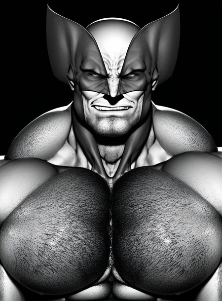 solo, 1boy, muscular male, masculine male
, wolverine, cocky smirk, big pecs, looking at viewer, pectoral focus, hairy, monochrome, dark background
, hands out of frame, view from above, detailed face, detailed eyes
, <lora:Ripped-Saurian_Style_PonySDXL-000018:1>, score_9, score_8_up,