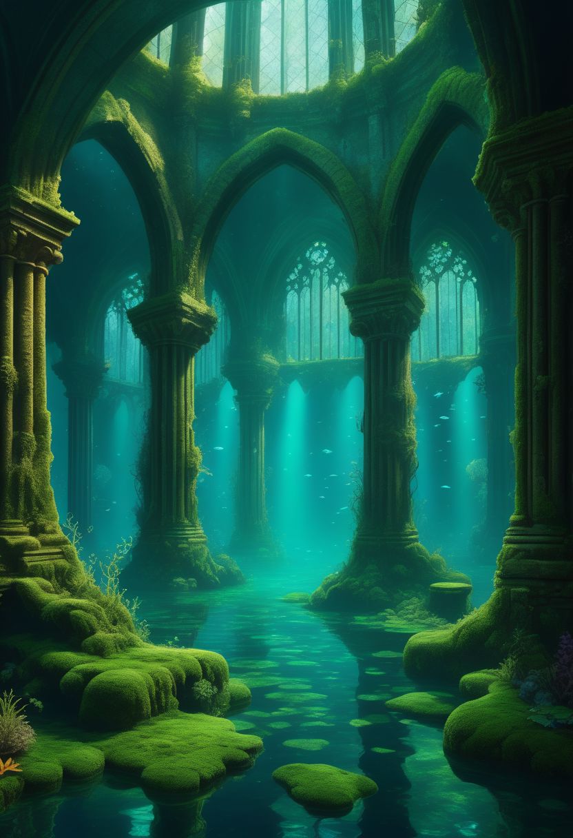 Underwater cathedral, high-fantasy, magical effects, hyper realistic, hyper detailed, mysterious air, ancient and abandoned, grown-over, luminescent moss, dark atmosphere, glowing lights spread evenly, very aesthetic, beautiful underwater scenery in the background
