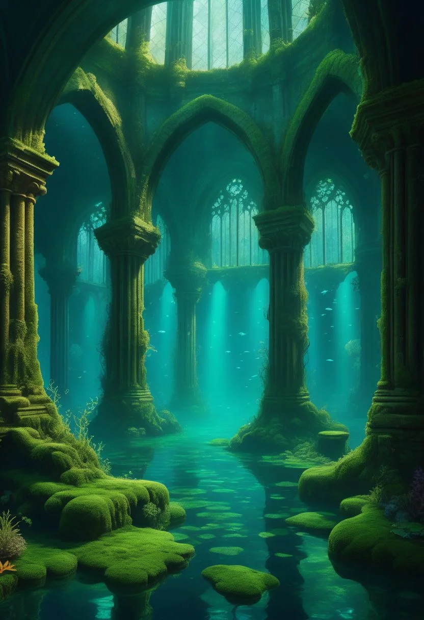 Underwater cathedral, high-fantasy, magical effects, hyper realistic, hyper detailed, mysterious air, ancient and abandoned, grown-over, luminescent moss, dark atmosphere, glowing lights spread evenly, very aesthetic, beautiful underwater scenery in the background