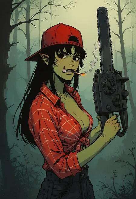 score_9, score_8_up, score_7_up, 8k, portrait, upper body, concept art twilight, vintage illustration,
1girl, solo, orc, green skin,pointy ears, tusks, black hair,
dynamic pose, , redneck,red plaid shirt, tied shirt, big tits, red baseball hat, in a forest, beautifully backlit, , indirect lighting, high contrast shadows, dramatic shadows across face, cinematic lighting on face, , cigarette, smoke, (holding chainsaw)