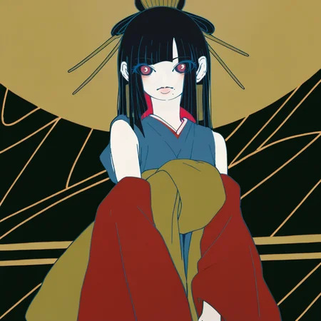 Cubist artwork, score_9, score_8_up, score_7_up, score_6_up, score_5_up BREAK t1u5, 1girl, mole under mouth, colored sclera, pink eyes, symbol-shaped pupils, long hair, black hair, blue kimono, sleeveless, earrings, hair stick, hime cut, sidelocks, hair ornament, colored inner hair, yellow obi, red sleeves, detached sleeves, cowboy shot, pale skin, looking at viewer, solo, <lora:tukiGirlPDXL32v0.93tx1:1.1>, Geometric shapes, abstract, innovative, revolutionary