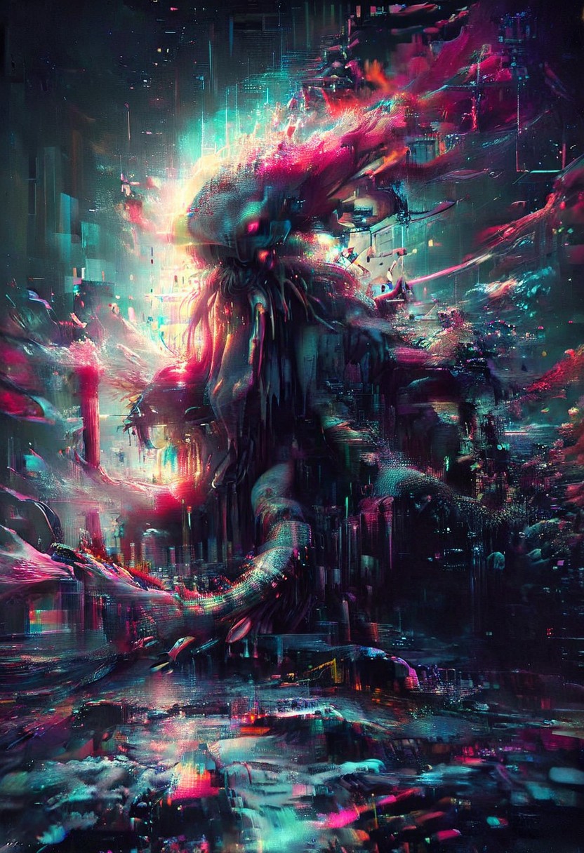 glitchstyle, glitch, flickering, digital, glitch style, 
 cinematic giant kraken