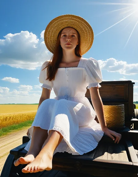 photo of ccamber, low angle, front view, long brown hair, freckles, straw hat, wind, white medieval dress, puffy short sleeves, sitting on edge of wagon, barefoot,  <lora:ccamber_v2:0.8>   <lora:wagon_v1b_pny:1> on_wagon, outdoors, sunlight, road, wheat field, <lora:Dramatic Lighting Slider:1>, blue sky, white clouds, score_9, score_8_up, score_7_up,, RAW candid cinema, 16mm, color graded portra 400 film, remarkable color, ultra realistic, textured skin, remarkable detailed pupils, realistic dull skin noise, visible skin detail, skin fuzz, dry skin, shot with cinematic camera