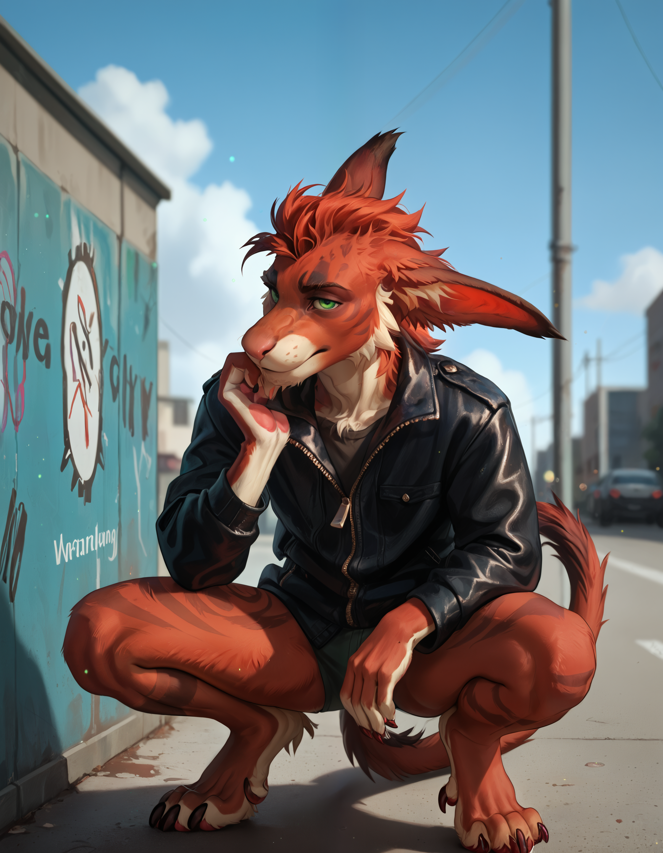score_9, score_8_up, score_7_up, rating_safe, sfw, source_furry, depth of field, detailed, urban, detailed background, ray tracing, cinematic lighting, particles, graffiti, reflections, decals, masterpiece, best quality, ultra realistic, <lora:sinfully_stylish_SDXL.safetensors:1.0>,  embedding:zPDXL3 BREAK <lora:Vernid_Species.safetensors:1.0>, vernid, furry, 1boy, solo, male, tail, anthro, animal ears, claws, fluffy, tuft, tail tuft, digitigrade, barefoot, biped, scalie, close up, looking at viewer, red fur, green eyes, black jacket, topwear, (andromorph:1.25), (from above, crouching , blue sky, cloudy, thinking:1.15)