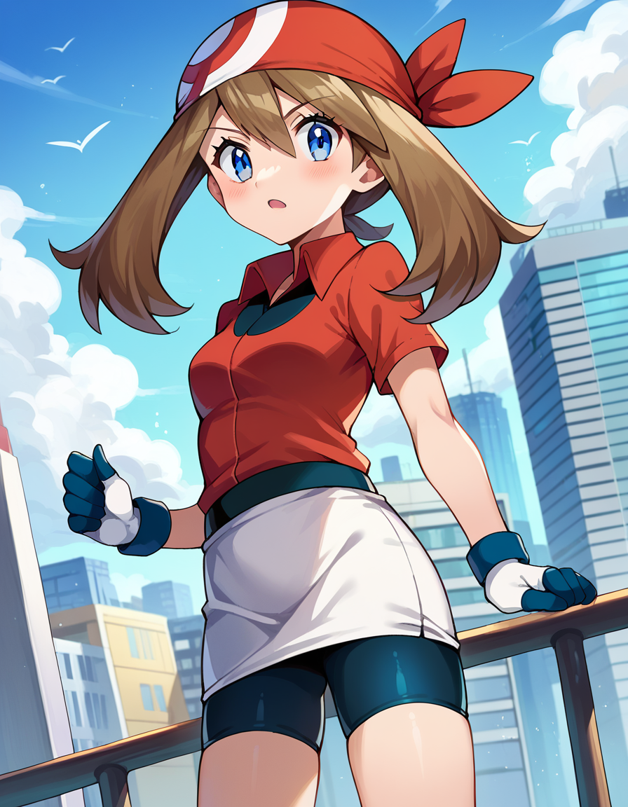 score_9, score_8_up, score_7_up, source_anime,
pokemonmay, <lora:pokemon-may-ponyxl-lora-nochekaiser:1>
pokemonmay, blue eyes, brown hair, bandana, long hair, red bandana, twintails, hair between eyes,
bike shorts, collared shirt, gloves, microskirt, multicolored shirt, pencil skirt, red shirt, shirt, short sleeves, skirt, white skirt,
outdoors, cityscape,
looking at viewer, cowboy shot, dutch angle,
