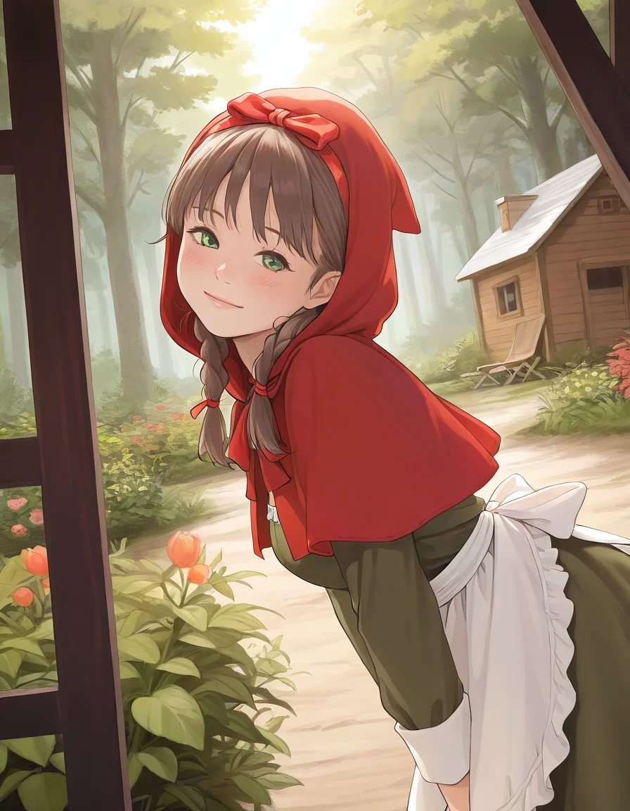 1girl , from side, low twin braids, hairband, red capelet, green dress, white apron, head tilt, hood up, hair ribbon, red ribbon, garden, cabin, forest, dutch angle, portrait, wind, light smile, sunlight, blush, leaning forward,
<lora:redlight_style_illustrious_v3:.8>