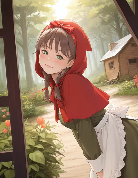 1girl , from side, low twin braids, hairband, red capelet, green dress, white apron, head tilt, hood up, hair ribbon, red ribbon, garden, cabin, forest, dutch angle, portrait, wind, light smile, sunlight, blush, leaning forward, 
<lora:redlight_style_illustrious_v3:.8>